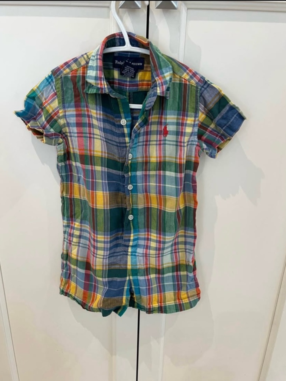Ralph Lauren Multicolor Plaid Short-Sleeve Button-Up romper - Green/Blue 18m